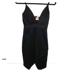 Bodycon black satin dress with gold buckle detail